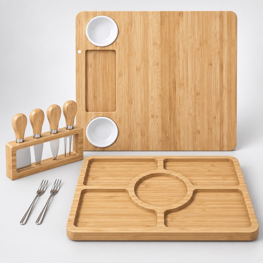 Premium Bamboo Cheese Board Set Charcuterie Serving Tray with Knives & Bowls
